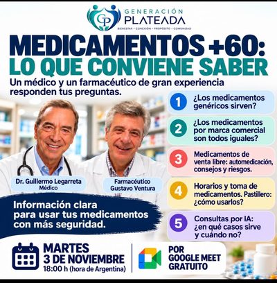 Flyer: Medicamentos +60, lo que conviene saber. Martes 3 de noviembre, 18 h, por Google Meet, gratuito.